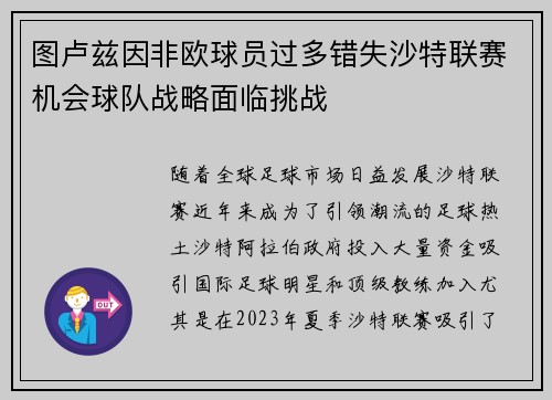 图卢兹因非欧球员过多错失沙特联赛机会球队战略面临挑战