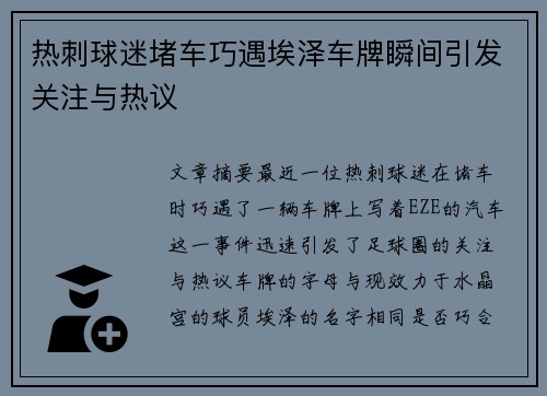 热刺球迷堵车巧遇埃泽车牌瞬间引发关注与热议