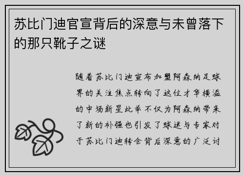 苏比门迪官宣背后的深意与未曾落下的那只靴子之谜